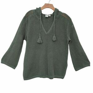 Roxy Hooded Sweater Womens Small Green Mesh Knit Beach Break V-Neck Relaxed Boho